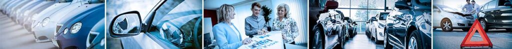 Collage mit Bildern zum Thema Kfz-Versicherungen. Man sieht Eindrücke aus Gesprächen, neue Autos, einen Autounfall und einen zerbrochenen Außenspiegel.
