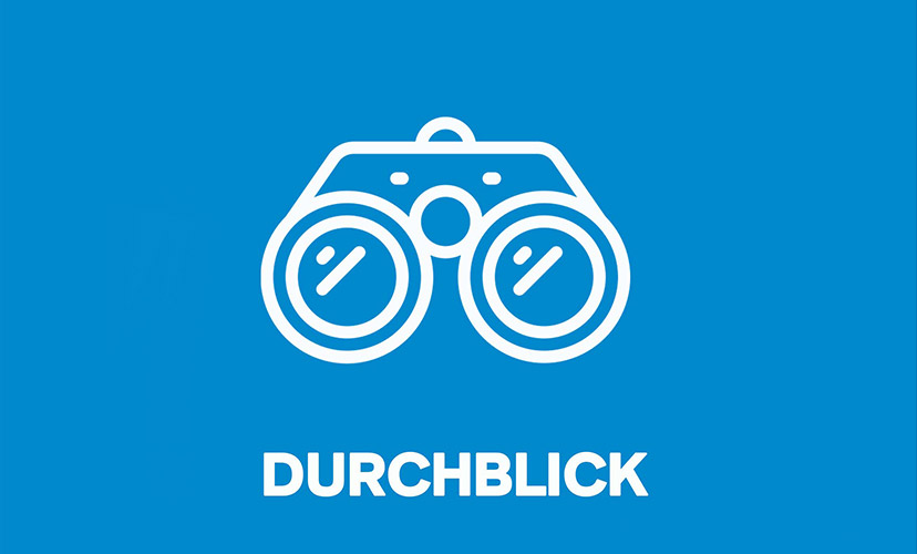 Icon von einem Fernglas mit dem Schriftzug "Durchblick".