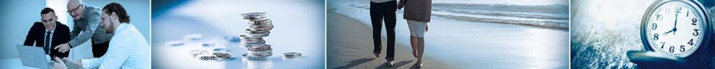 Collage mit Bildern zum Thema Altersvorsorge. Man sieht Gespräche, Geld, ein älteres Paar am Strand und eine Uhr.