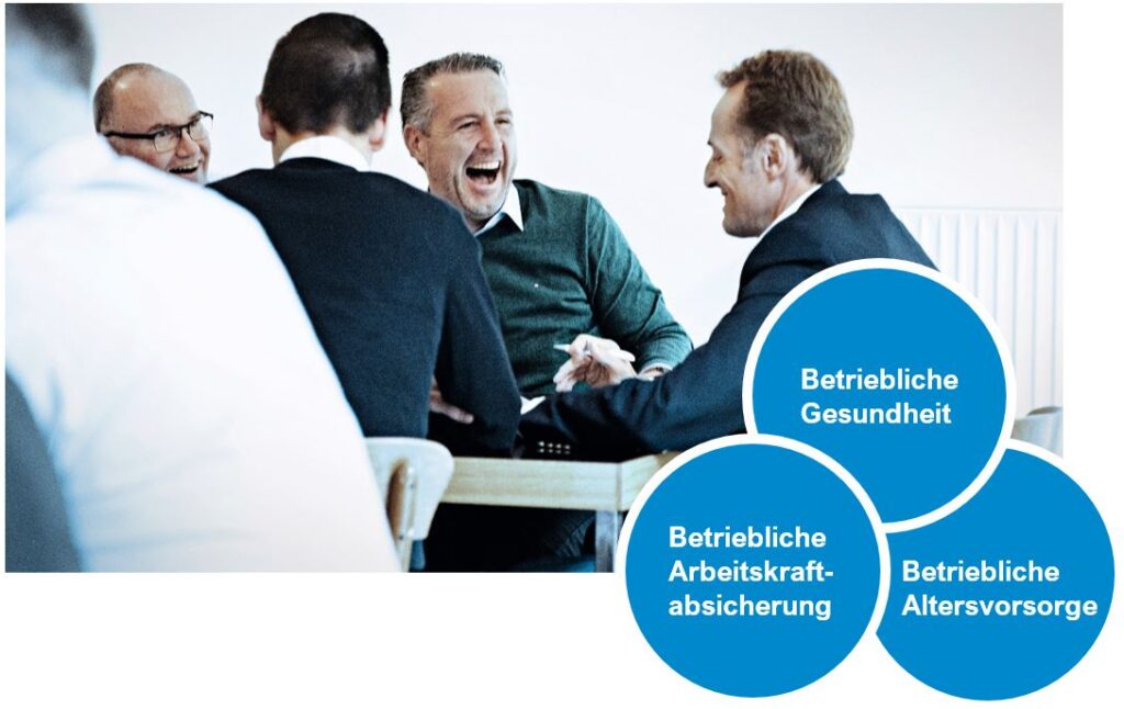 Man sieht lachende Männer im Gespräch. Darunter steht: Betriebliche Gesundheit, betriebliche Arbeitskraftabsicherung und betriebliche Altersvorsorge.