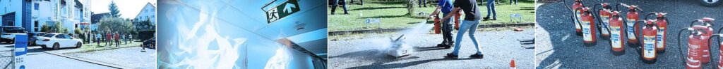 Collage zum Thema Schadenmanagement. Man sieht Feuer, Feuerlöscher und Brandschutzübungen.