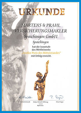 Martens & Prahl Spaichingen Urkunde "Großer Preis des Mittelstandes"