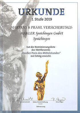 Martens & Prahl Spaichingen "Urkunde 1. Stufe 2019" - "Großer Preis des Mittelstandes"